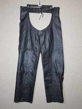 Mens Genuine Heavy Duty Black Leather Motorcycle Chaps Pants Size Medium